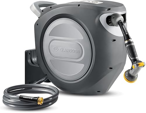 GLAHODEN Carrete de manguera de jardín retráctil de 12 pulgada x 130 pies, resistente a los rayos UV, resistente, carrete de manguera automático,