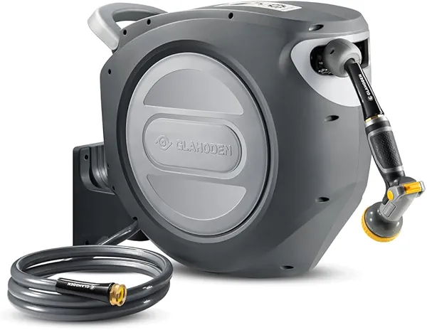 GLAHODEN Retractable Garden Hose Reel 5/8 in x 100 ft Upgraded UV Resistant Heavy Duty Automatic Hose Reel Wall Mount 3/4 in Brass Fitting 9 Pattern Nozzle Any Length Lock Slow Retraction