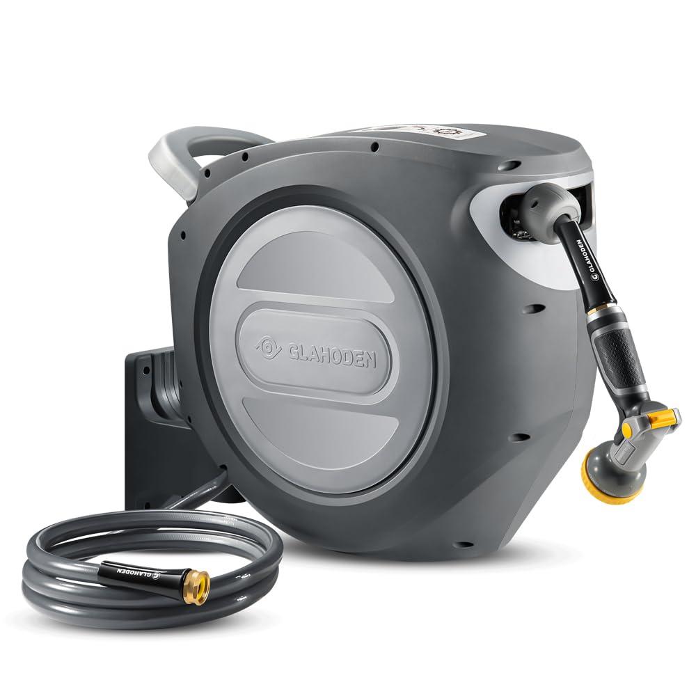 Retractable Garden Hose Reel 5/8 in x 100 ft Metal Bracket, 2025 Upgraded Dual Ratchet Lock UV & Freeze Protection Brass Seal Slow Retraction Anti-Tangle Hose 180°Swivel