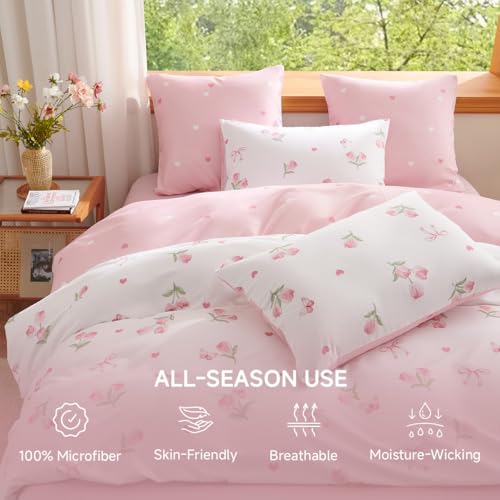 Image of Floral Duvet Cover Set Twin Size,Pink Tulip Bow Ties Reversible Bedding Set with Heart Pattern for Girls Kids,Romantic Microfiber Comforter Cover 2Pcs with Zipper Closure and 1 Pillowcase