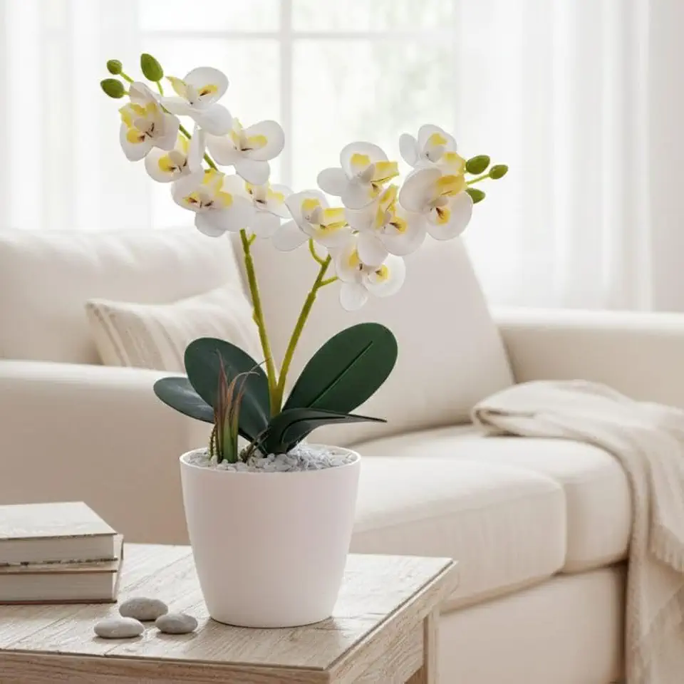 Vaso com flor de Mini orquídeas Brancas em silicone com vaso pratico e moderno e decorativo