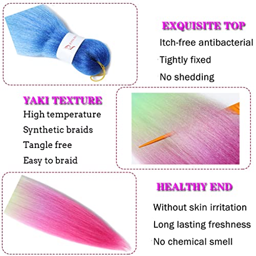 Pre Stretched Braiding Hair Extensions 30 Inch 6 Packs Long Professional Crochet Twist Braids Hair High Temperature Synthetic Fiber Yaki Texture(30",Blue-Light Blue-Green Yellow -Light Purple-Red Purple) #TOP2