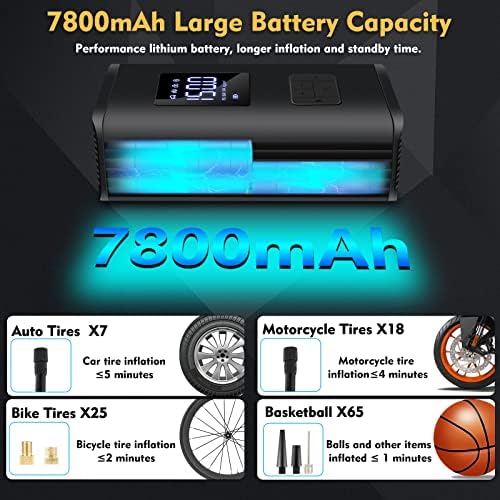 Upgraded 7800mAhPortable Air Compressor Cordless Tyre Inflator Strong Power Car Tyre Pump Fast Inflate Electric Air Pump Handheld Rechargeable Bike Pump with SOS LED for Car Bicycle Motorcycle Balls