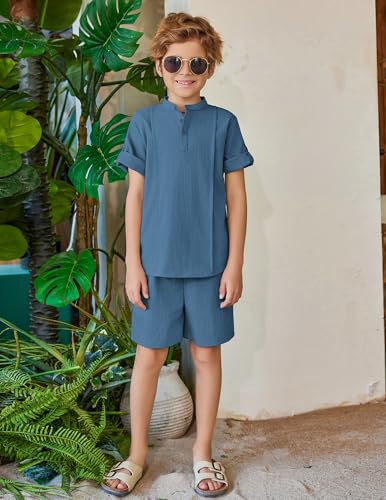 Image of Arshiner Boy's 2 Pieces Linen Sets Short Sleeve Henley Shirt and Shorts Summer Beach Matching Outfits 4-12 Years