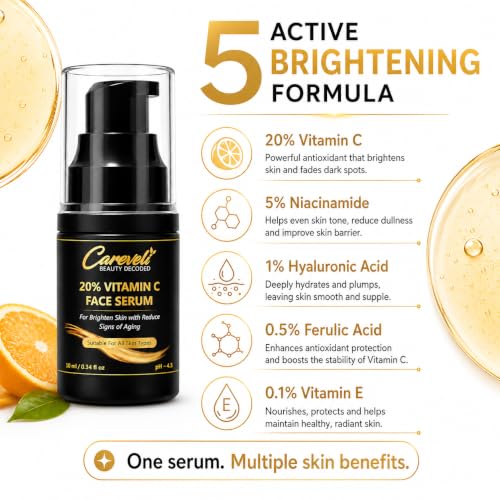 Image of 20% Vitamin C Face Serum with 5% Niacinamide, 1% Hyaluronic Acid, 0.5% Ferulic Acid & 0.1% Vitamin E | Advanced Brightening Serum for Glowing Skin, Dark Spots Appearance, Uneven Tone, Fine Lines & Radiance | 10 ml