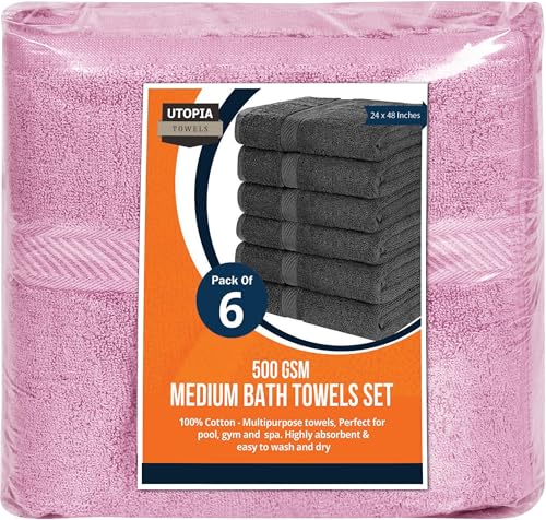 Image of Utopia Towels 6 Pack Medium Bath Towel Set, 24 by 48 Inches, 500 GSM 100% Ring Spun Cotton, Lightweight and Highly Absorbent Quick Drying Premium Towels for Hotel, Spa and Bathroom, Pink