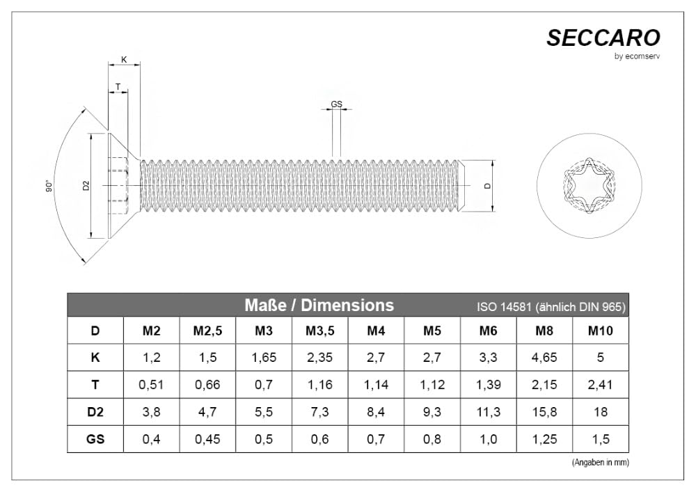 SECCARO Vite a testa svasata M3,5 x 8 mm, in acciaio inox V2A VA A2, ISO 14581, interno a sei facce (TX), filettatura completa, 20 pezzi