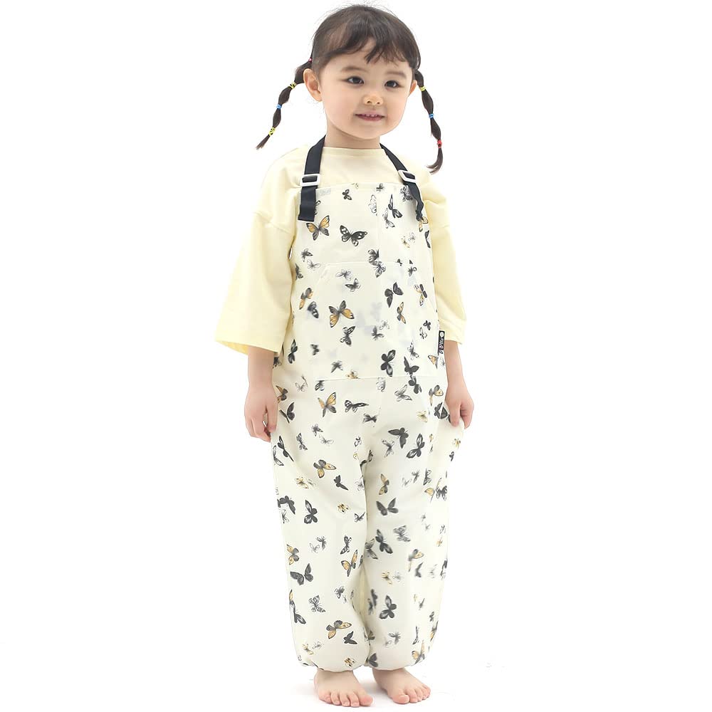 Kids Art Smock Dungaree Style, Lightweight Waterproof Painting Apron with Adjustable String, Quick-Dry Messy Play Overall for Boys Girls School Crafts, Ivory Butterfly (55-M)