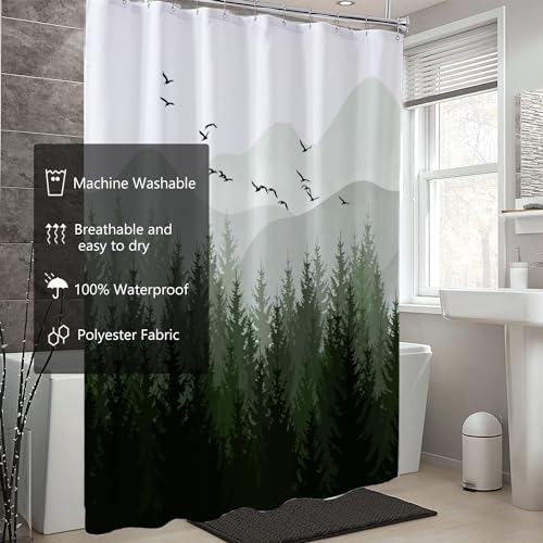 Image of LLSCL Fabric Shower Curtain Liner with Magnets, Green Forest Waterproof Hotel Quality, 72 x 72 Machine Washable