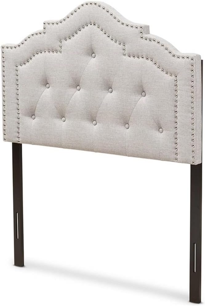 BOWERY HILL Modern Tufted King Panel Headboard, Grayish Beige Polyester Upholstery, Foam Padded with Nailhead Trim, Solid Rubberwood Posts, Adjustable Height, Classic Bedroom Furniture