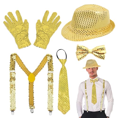TUONYIS 5 Pièces Accessoires Disco Paillette Set, Chapeau de Danse Jazz Déguisement Noeud Papillon à Sequins Cravate à Paillettes Bretelles Pour Déguisement Danse Fête Spectacle de Scène (Or)