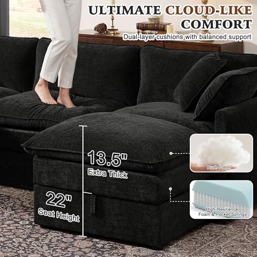 Image of Ihanherry 103 inch Modular Sectional Sofa with Storage, U Shaped Cloud Couch with Movable Ottomans & 4 Pillows, Chenille Deep Seat Sectional Couches for Living Room, Apartment (Black)