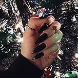 IMSOHOT Stiletto Press on Nails Extra Long Fake Nails All Black Glossy False Nails with Designs Full Cover Solid Color Acrylic Almond Glue on Nails for Women 24Pcs