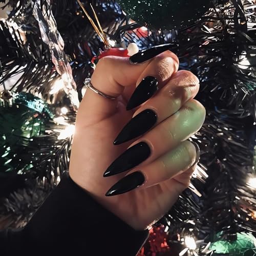 IMSOHOT Stiletto Press on Nails Extra Long Fake Nails All Black Glossy False Nails with Designs Full Cover Solid Color Acrylic Almond Glue on Nails for Women 24Pcs