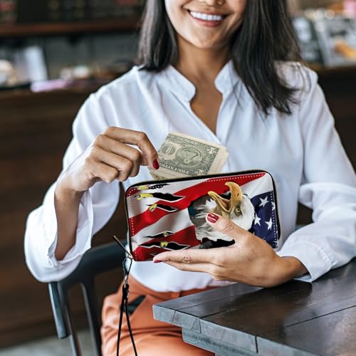 Image of Women's Wallets,Credit Card Holder Money Leather Long Wallet with Wristlet,Large Capacity with Zip-Around Phone Purse for Women Ladies Girls,USA Flag Eagle