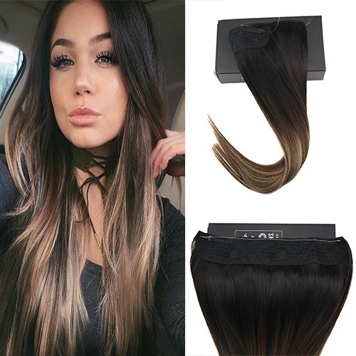 Sunny 18inch Halo Hair Extensions Human Hair Balayage Natural Black to Dark Brown with Ash Brown Remy Straight Fish Line Wire Hair Extensions 80g/pack
