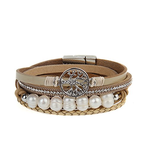 Gelconnie Tree Of Life Leather Wrap Bracelet Bohemian Jewelry Womens Leather Cuff Bracelet Baroque Pearl Wrap Bracelets Multilayer Boho Cuff Bracelet For Women, Wife, Sister,Teen Girls #TOP23
