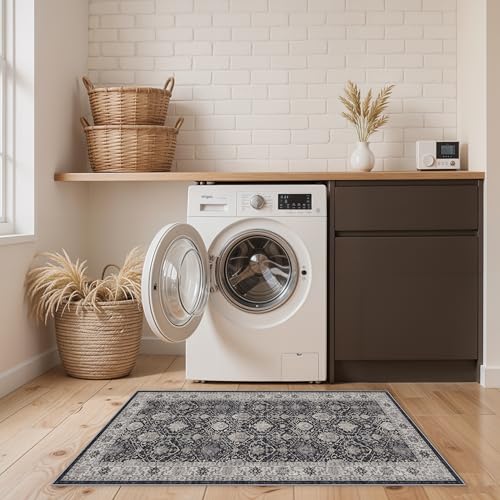 Entryway 2x4 Washable Area Rug: Oriental Stain Resistant Kitchen Runner Rugs Farmhouse Ultra Soft Bathroom Bedroom Print Floor Mat Thin Non Slip Indoor Carpet for Living Room Laudry Room(2x4,Black)