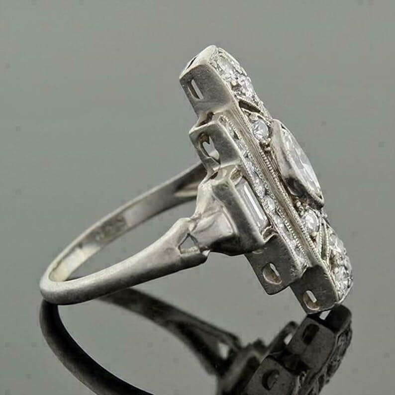 Vintage 1920s Style Engagement Ring Marquise Baguette Cut Moissanite Diamond Ring Antique Inspired Wedding Ring For Woman Gift For Her 925 Sterling Silver Handcrafted Edwardian Ring4