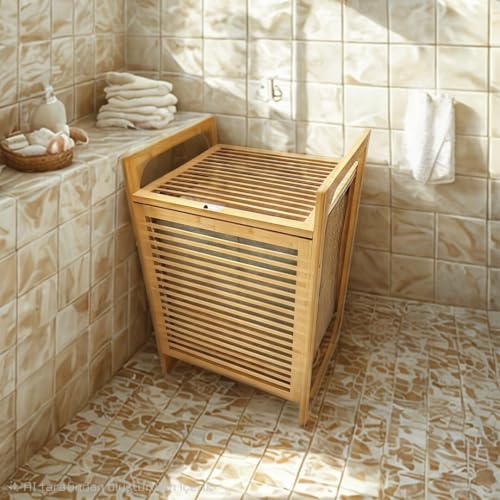 Ahşap Bambu Kirli Çamaşır Sepet Kumaş Çantalı Sepet=40X35X60 CM (5264)