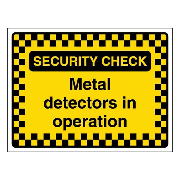V Safety Security Check - Metal Detectors In Operation - Pattern Border 400 x 300 mm - Glow In The Dark 1mm Rigid Plastic Safety Sign