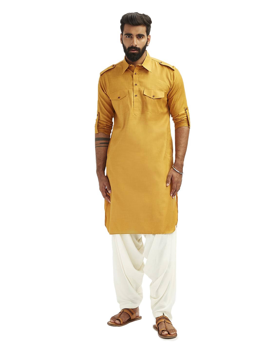 Kurta Pathani manches enroulables et ourlet arrondi en coton mélangé