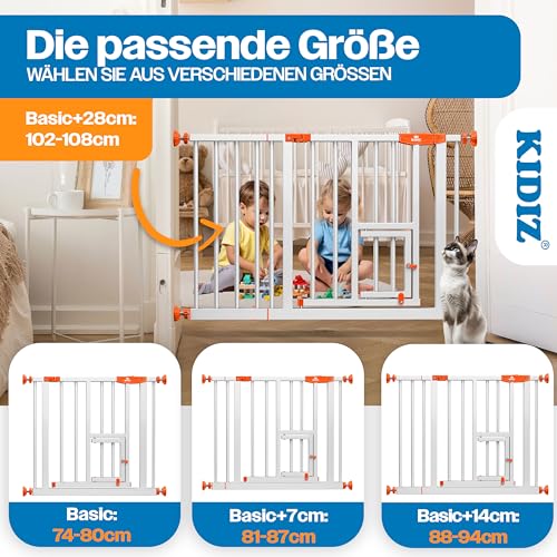 KIDIZ Absperrgitter zum Klemmen mit Katzenklappe, Türschutzgitter, Autoclose Kinder Treppengitter ohne Bohren | 90° Stopp Schutz, schwenkbar, Treppenschutzgitter, Weiß/Orange, Breite: 74-80 cm
