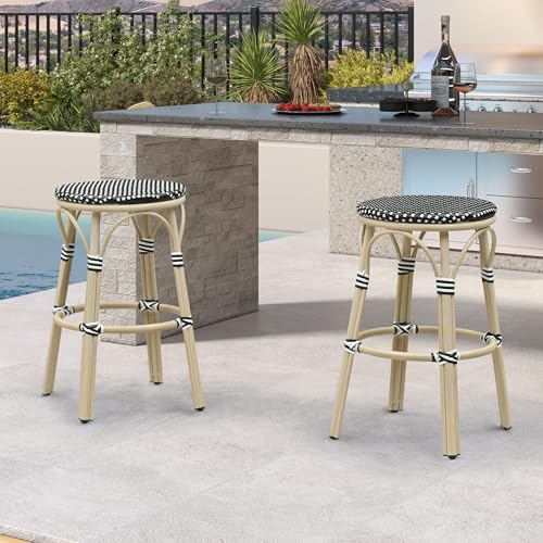 Image of PURPLE LEAF French Outdoor Round Bar Stool Set of 2 Bar Chairs 30 inch Handwoven Wicker Rattan Backless Stackable White Print Aluminum Frame for Patio Garden Cafe Backyard Poolside Black