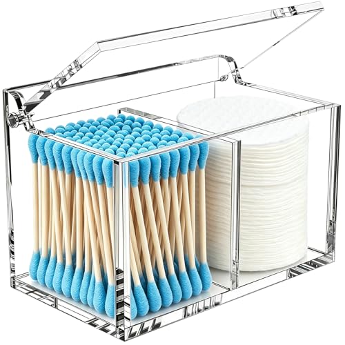 Qtip Holder Dispenser for Cotton Swabs, Balls, Pads, Floss Picks, 2 Compartments Clear Acrylic Container with Lid Apothecary Jar Bathroom Accessories Canister Vanity Storage Organizer