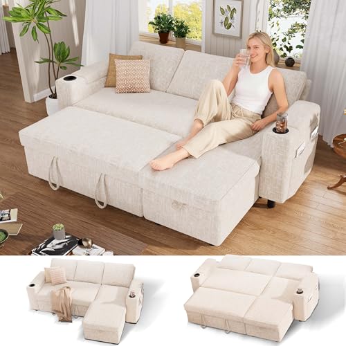 Vipbear Sleeper Sofa Bed, 82" Pull Out Couch with Reclining Backrest/Reversible Storage Chaise, 3 in 1 L-Shaped Couch with Armrest Storage | Cup Holder | Side Pocket | Tool-Free Assembly | Beige