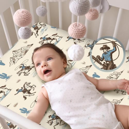 Image of Vitalcozy 4 Pcs Blue Western Crib Sheet for Standard Nursery Decor