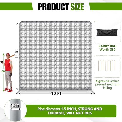 Soulchen I Baseball Screen 10\' x 10\' Baseball Softball Pitching Screen Net 1.5\" Steel Frame Square Batting Net with Portable Bag for Batting Cage Backyard Pitcher Protection Backstop - Thumbnail 2