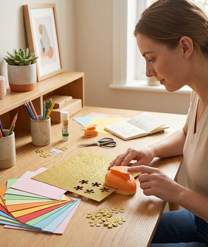 Image of 101 Pcs Stamp Puncher and Origami Paper, Postage Stamp Punch, Paper Punch Tool Set for DIY Scrapbooking and Craft Projects (orange)