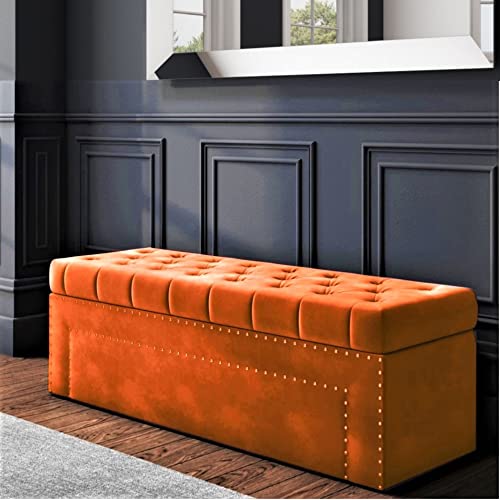 Duke Ottoman storage Box - Plush Velvet Storage ottoman with Crystal Nails- Ottoman Footstool with Storage - Chesterfield Upholstered Coffee Table- end of bed storage bench (Burnt Orange)