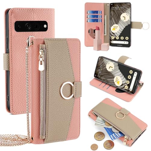 Étui Google Pixel 10 rose luxe flip cover en cuir texturé et finitions chaîne métallisée