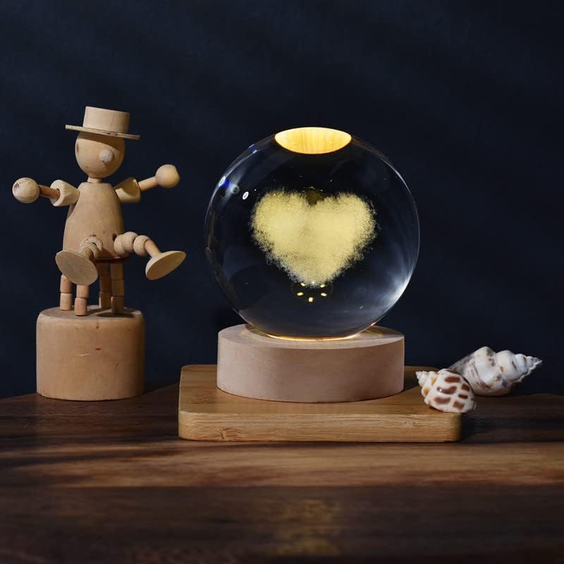 Image of 3D Love-Heart Crystal Ball Night Light, Creative Engraved LED Glass Ball Table Lamp with USB & Wooden Base - Decorative Lamp Home Decor, Desktop, & Gift (Crystal Love hart)