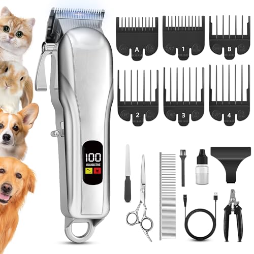 Emwel Professional Dog Clippers for Thick Hair, Low Noise Grooming Nail Kits with Stainless Steel Blade,Cordless Dog Grooming Clippers with 6 Guide Combs for Pets and Animals
