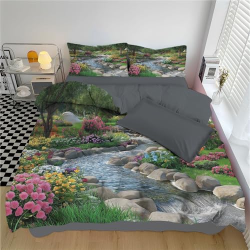 Parure de couette printemps paysage vert 200x200cm avec 2 taies d'oreiller en microfibre - 3