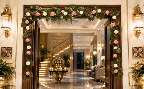 Image of Divyakosh Mango Leaf Vine with Peony Flowers, Creeper for Main Door Entrance Decor, Garland | 80 Inch Artificial Floral Door Hanging with 24 Pink White Flowers |Festive Pooja Decor for Diwali Ganpati|