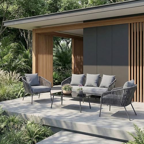 Image of Amazon Brand - Solimo Solix Outdoor Rope Sofa Set | Balcony Sofa | Patio Conversation Sets | Braided Rope Garden Sofa Set and Center Table (5 Seater-Grey)