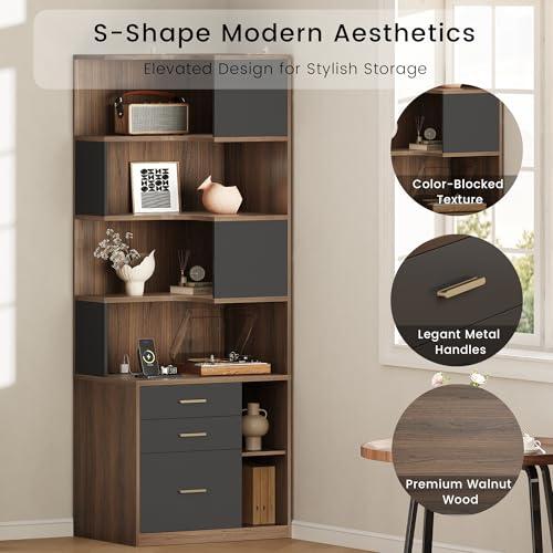 Image of ModernMate 74.4 inch Corner Bookshelf with 3 Drawers and Storage, Power Outlet