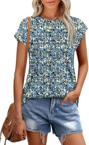 WEESO Womens Summer Tops Trendy 2025 Cap Sleeve T Shirts Crew Neck Pleated Front Clothes Fashion