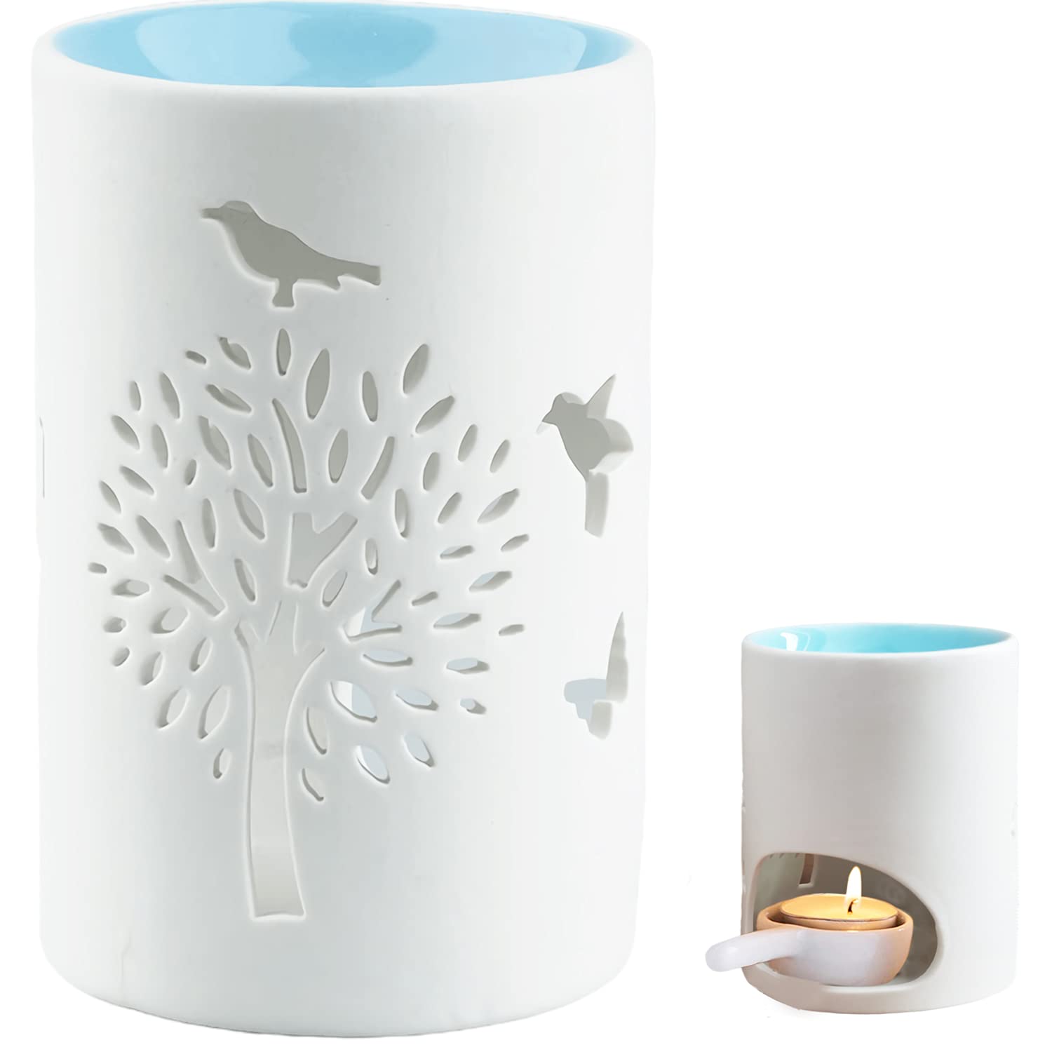 fuoruisi Ceramic Tealight Candle Holder Oil Burner, Essential Oil Incense Aroma Diffuser Furnace Home Decoration Romantic White Bird and Tree Pattern