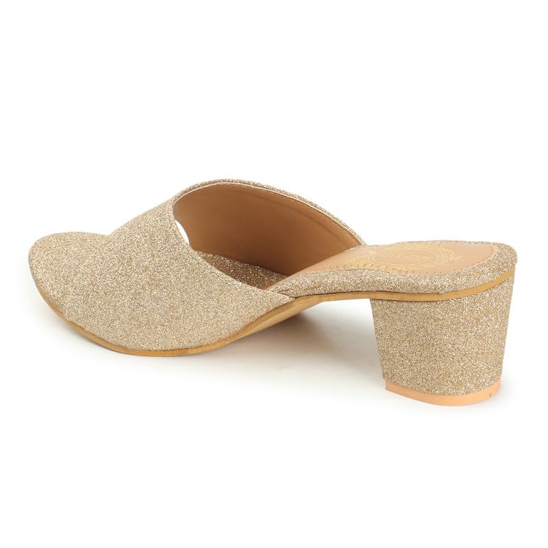 Image of DIPYO Women's Stylish Golden Block Heel Slip-On Open-Toe Sandals Comfortable & Fashionable For Wedding & Party