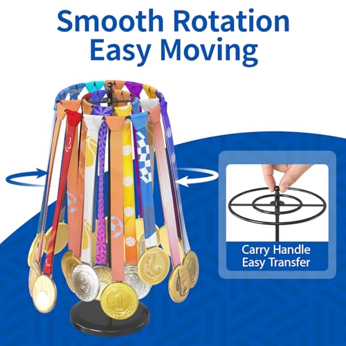 Image of Medal Holder Display Trophy Shelf Organizer, Sturdy Wooden Race Award Hanger Rack with 25 Steel Hooks, Wall Mount Storage Stand for Sports Fans, Cheer Success