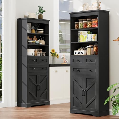 Image of Vabches 70 inch Tall Bathroom Storage Cabinet, Farmhouse Bathroom Cabinet with 3 Drawers, Adjustable Shelves & Doors, 3 Tier Wood Cabinets for Bathroom, Living Room, Rustic Black