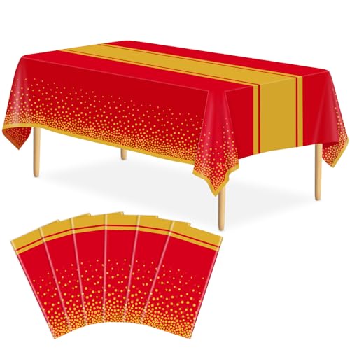 Image of 6 Pack Red and Gold Tablecloth Party Decorations Plastic Red Tablecloth Printed Gold Table Runner 54 x108 Inch Disposable Rectangle Table Cover for Birthday Wedding Graduation