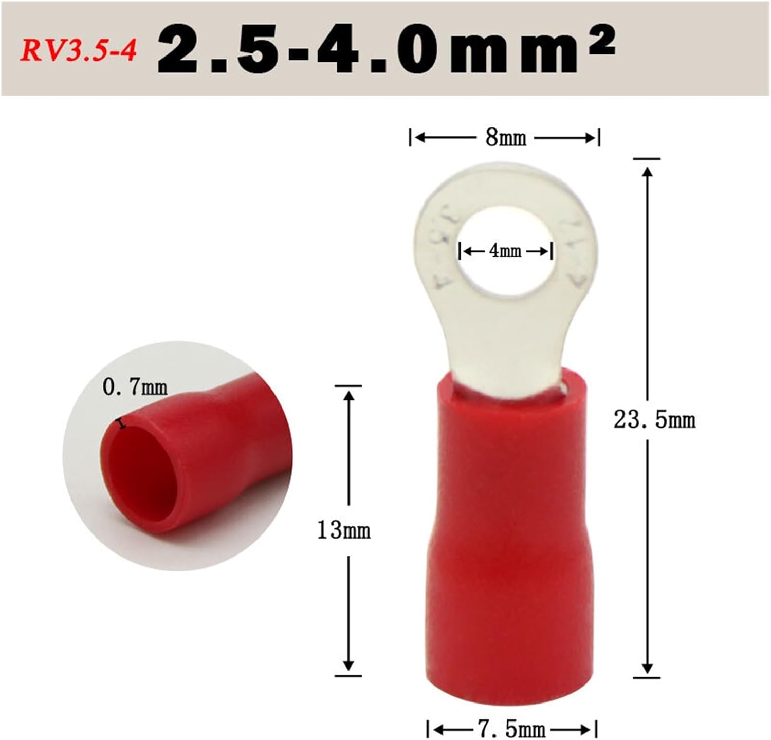 Dimensional drawing for RV3.5-4 terminal, showing measurements for length, hole diameter, and insulation.