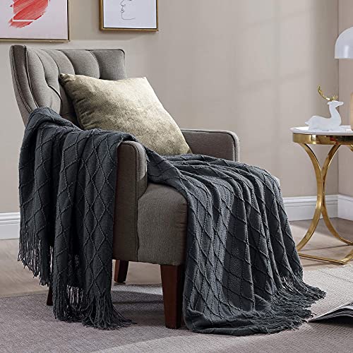 Walensee Throw Blanket For Couch, 50 X 60 Dark Grey, Acrylic Knit Woven Summer Blanket, Lightweight Decorative Soft Nap Throw With Tassel For Chair Bed Sofa Travel Picnic, Suitable For All Seasons #TOP3