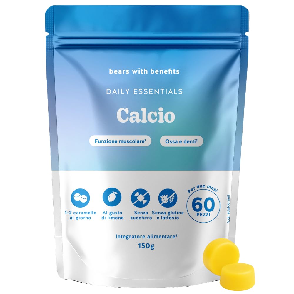 Calcio 500mg Gummies - Daily Essentials - Contribuisce alla Normale Funzione Muscolare, Ossa e Denti - 60 Pezzi (2 mesi) - Senza Zucchero, Vegan - Bears with Benefits